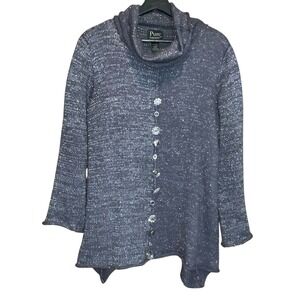 Pure Handknit Womens Tunic Sweater S/M Gray Metallic Button Detail Cowl Neck